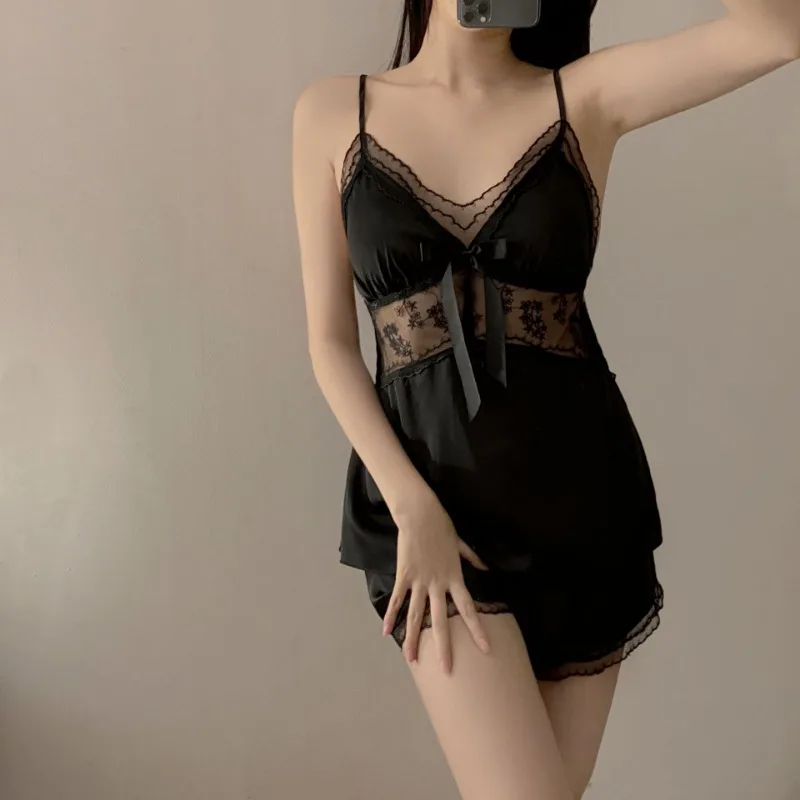 

Летний женский пижамный комплект на бретельках, кружевная одежда для сна, пикантный топ на бретельках и шорты, ночное белье, Шелковый Атласный пижамный костюм, домашняя одежда