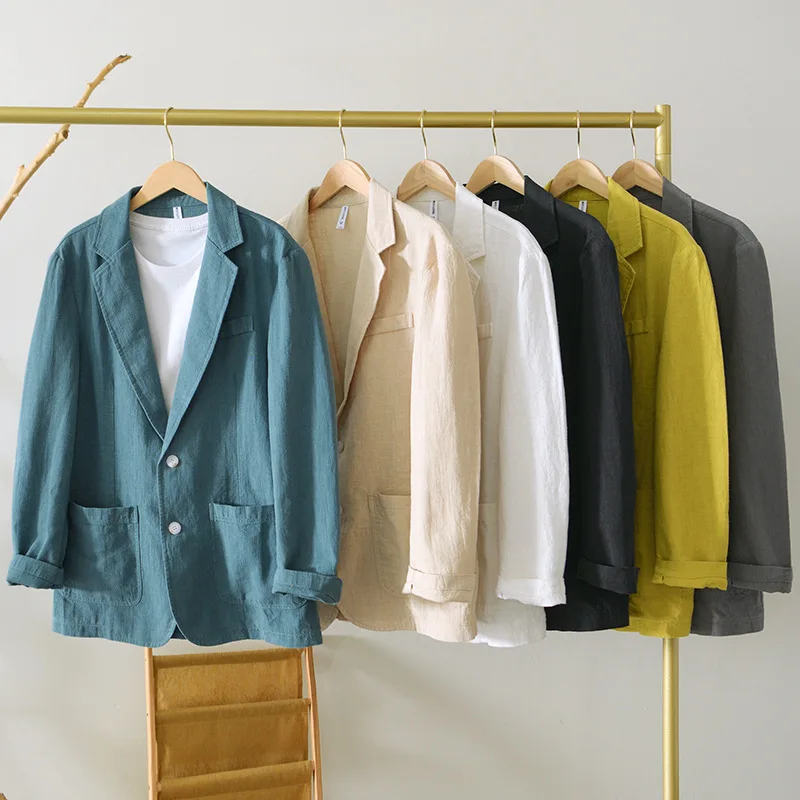 100% Linen Suit 20 Spring New Striped Casual Spring Summer Thin Linen Jackets for Men Clothing Loose Simple Streetwear Men FY803