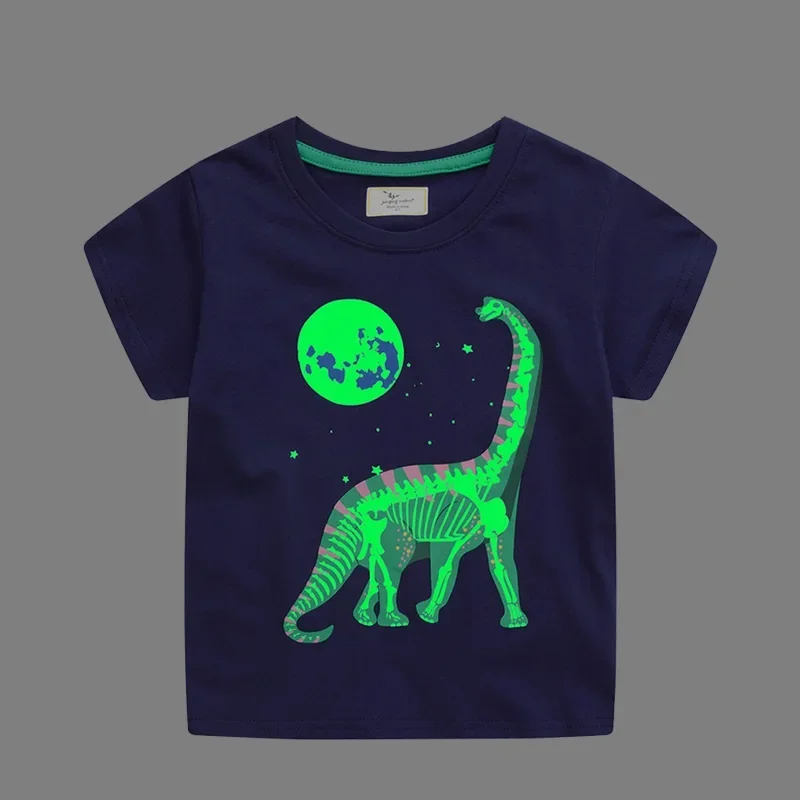 Kids Luminous Cartoon Dinosaur T-shirt 2-7 Years 100% Cotton Baby Boys Tees Summer Short Sleeve Tops