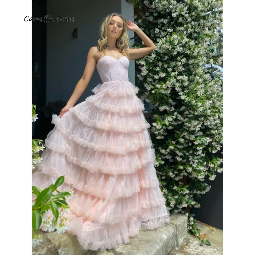 

Tiered Prom Dress sweetheart Long A Line Party Dress Strapless Sequined Ruffling Tulle Cake Evening Dress Plus Size فستان سهرة