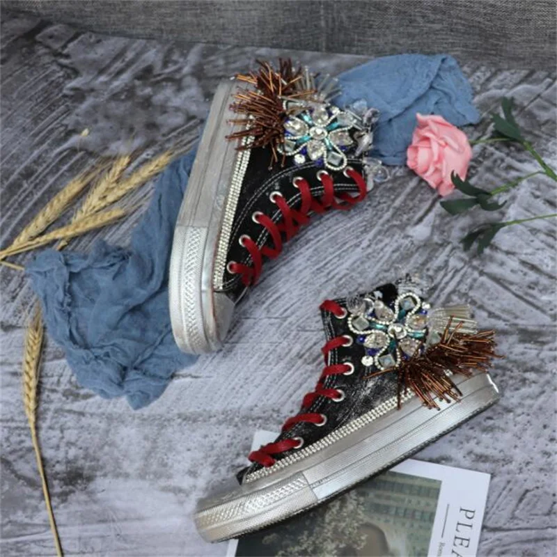 

High-top three-dimensional flower tassel contrast color shoelace tide canvas shoes classic Hong Kong-style casual shoes 35-46