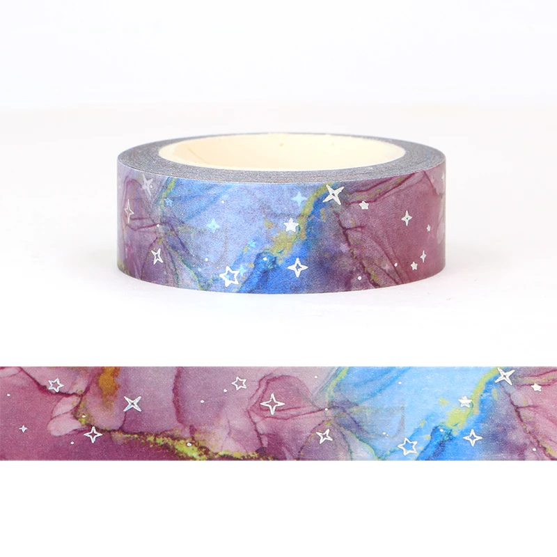 

New 10pcs/lot 15mm*10m Silver Foil Galaxy Background Rose Red Purple Stars washi tape Deco Scrapbooking Masking Tape sticker