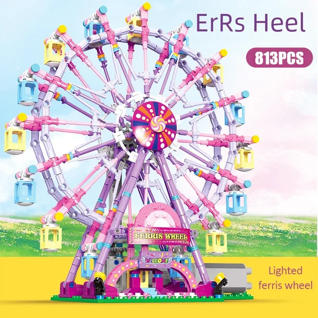 ZKZC Cherry blossom color City Friends Seven Colors LED Rotating Ferris Wheel Building Blocks Electric Bricks Toy Children Gifts 2