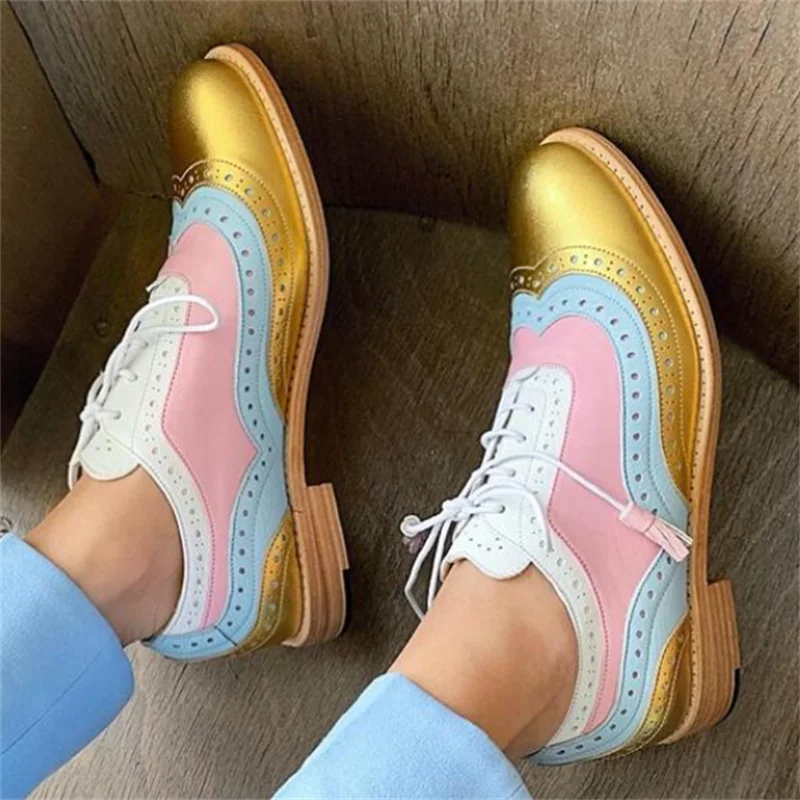 35~43 Big Size Vintage British Style Oxfords Round Toe Gold Green Pink Lady Lace Up Brogues Loafers Casual Shoes For Women