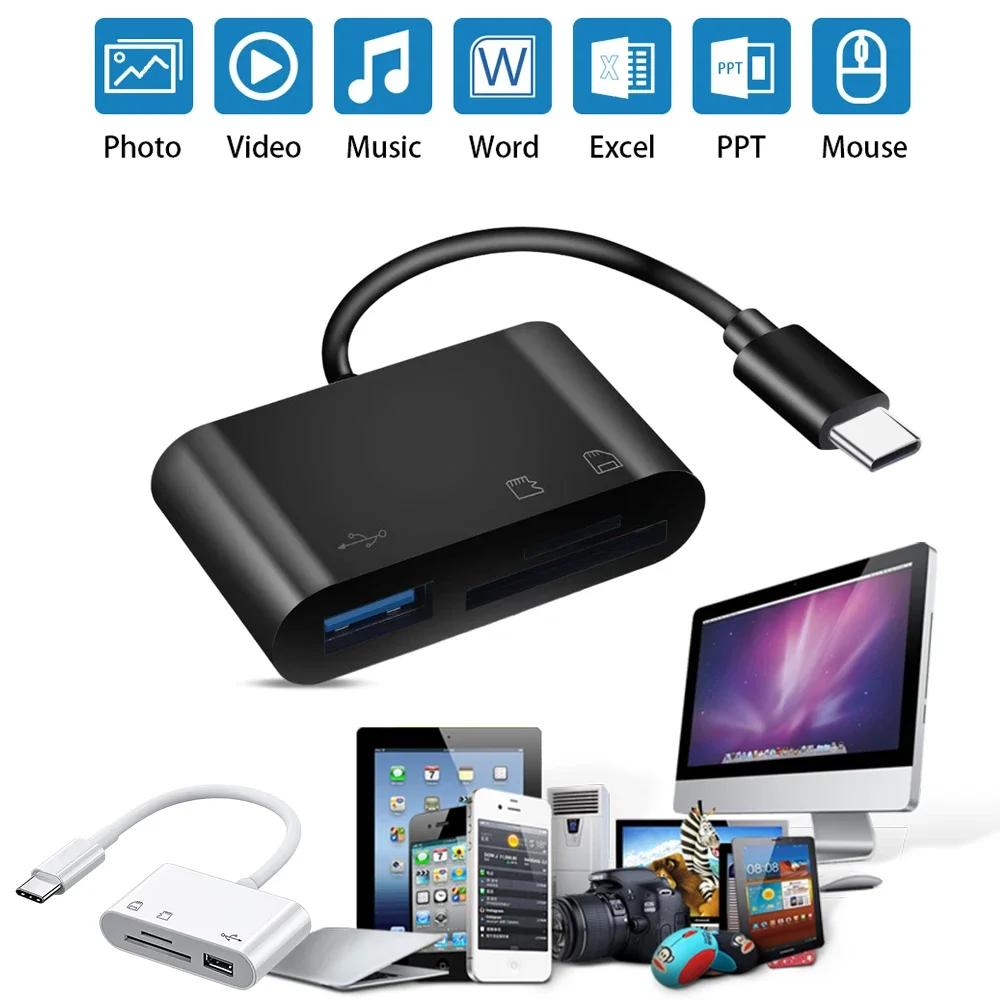 Type c otg adapter 3 In 1 Type-c to USB C A OTG adapter hub converter for Samsung Xiaomi Android laptop tablet multi port SD TF memory card reader