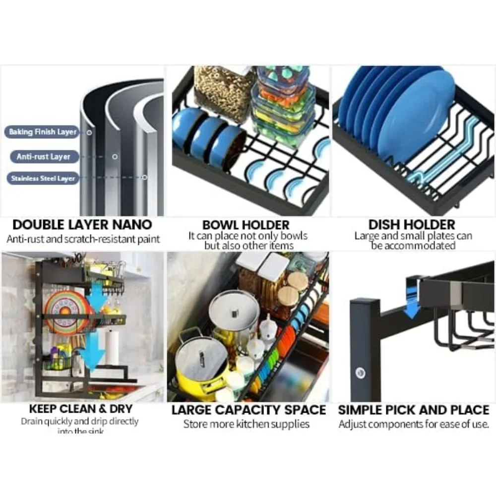 Over The Sink Dish Drying Rack (Expandable Height and Length) Snap-On Design 2 Tier Large Dish Rack Stainless Steel 3