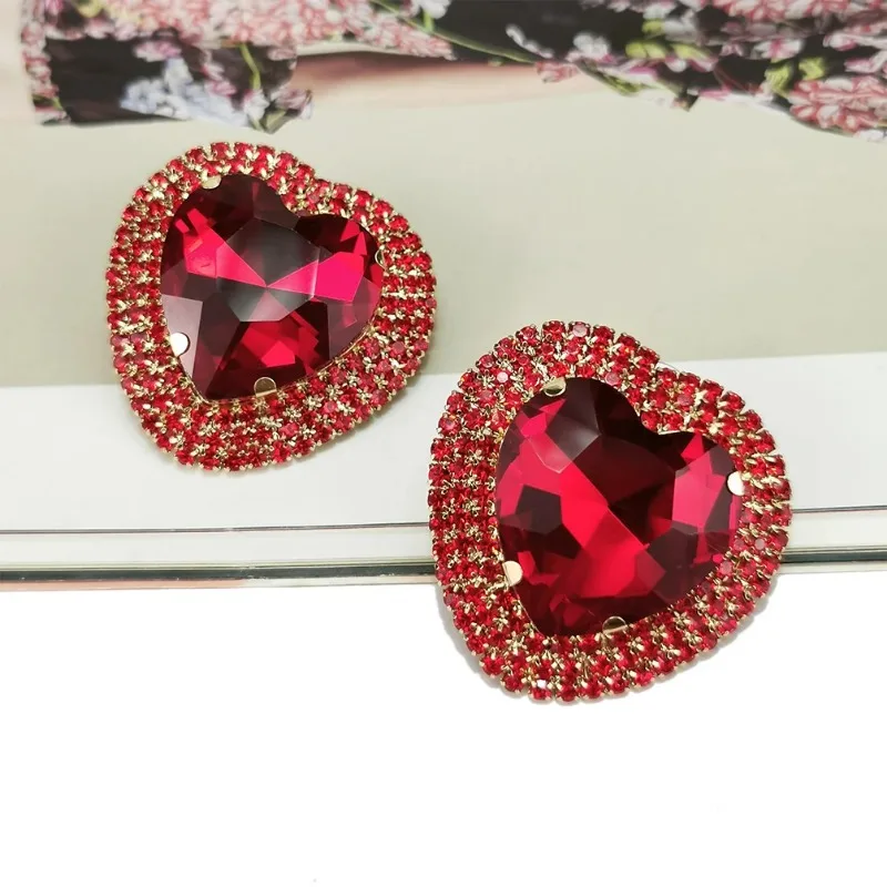 New Fashionable Colorful Crystal Big Heart Stud Earrings for Women Girls Metal Statement Rhinestones Earings Luxury Jewelry