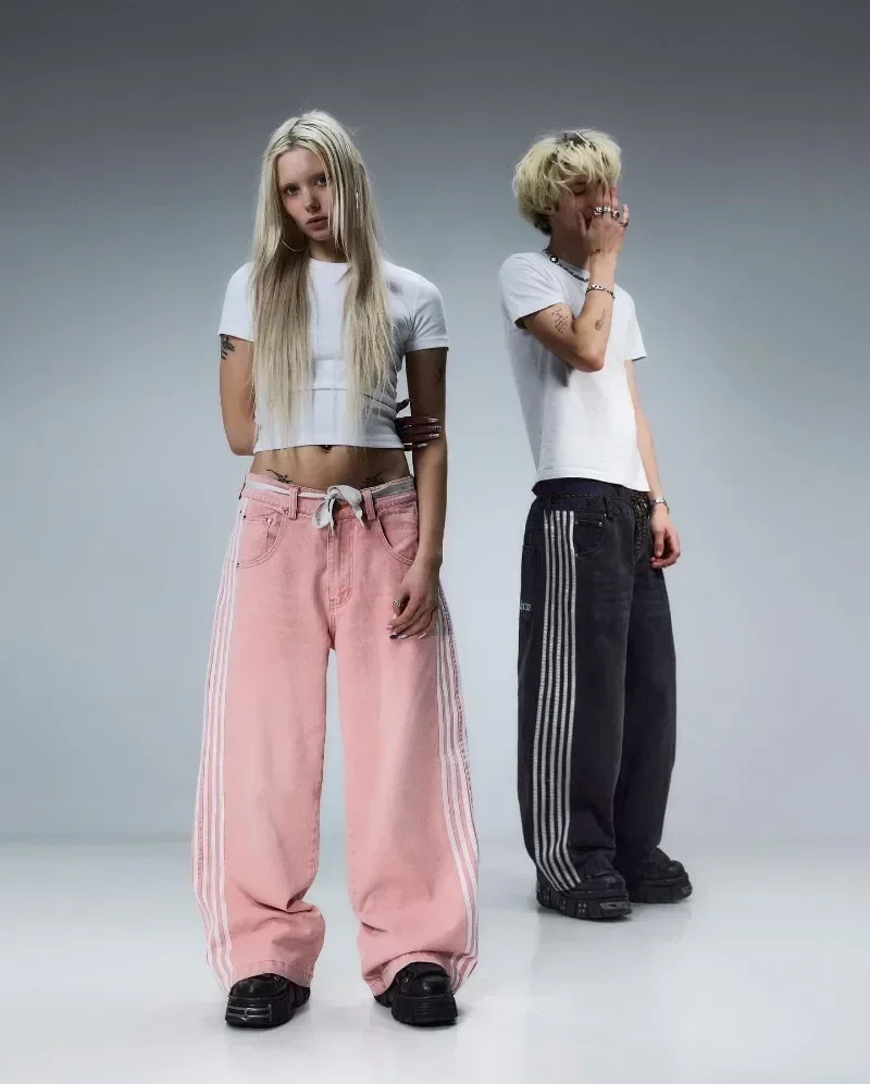 Y2K Women Simple Striped Embroidered Baggy Jeans Pink Sweatpants Hip Hop Streetwear Casual Retro Harajuku Wide Leg Denim Pants 2