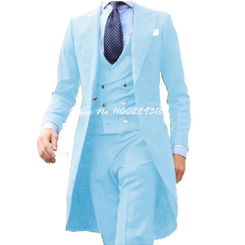 2023 New Arrivel Royal blue Long Coat Designs Men Suits Set Men Clothing Groom Tuxedos Prom Blazer Custom 3PCS (Top+Vest+Pants)