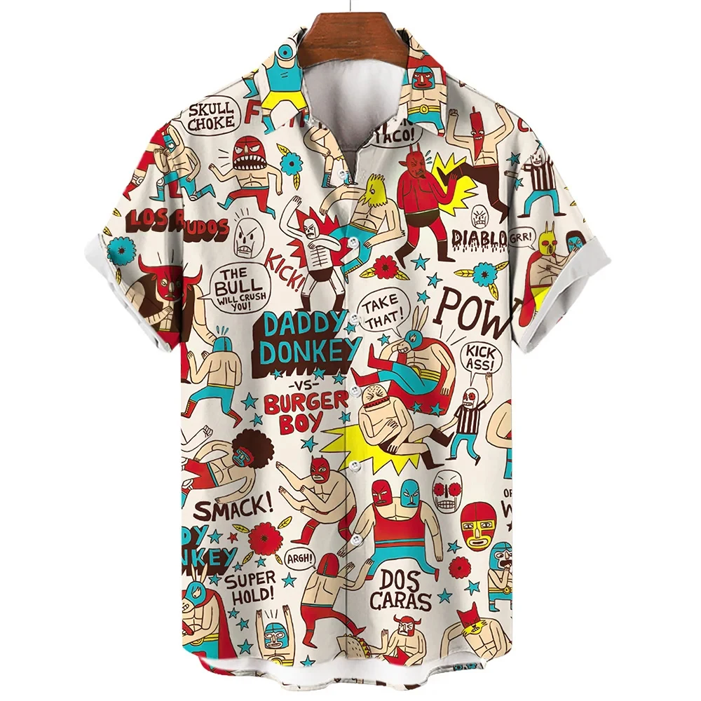 men's shirts Mexican wrestling 3D printed short sleeved shirts Summer Fashion men's clothing Loose oversized Hawaiian shirts 5