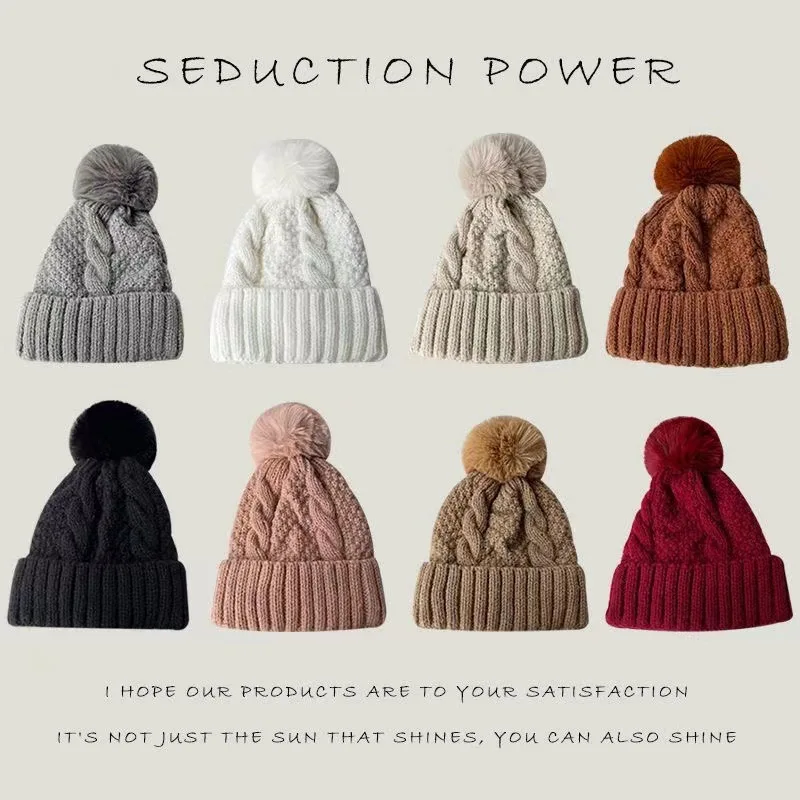 New Winter Twist Knitting Hat For Women Fur Pompom Thick Plush Cap Beanie Solid Color Ladies Warm Ski Snow Skullies Beanies 2