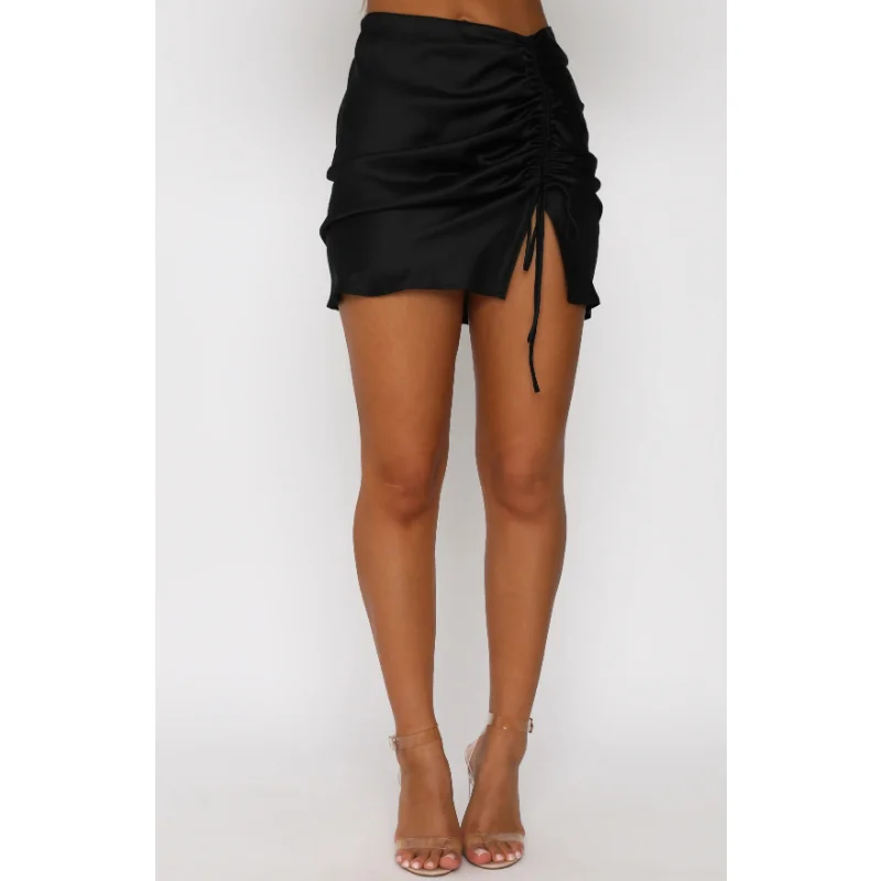 Minifalda plisada de satén con cordones y abertura lateral para mujer, falda de moda, cintura alta lisa, cremallera, atuendo informal, falda para mujer