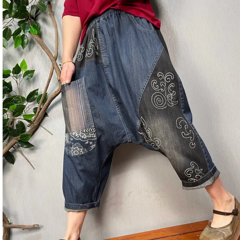 Women Denim Cross-Pants printing Patchwork Pockets Bloomers Joggers Spring High Street Style Washed Ankle-length Loose trousers