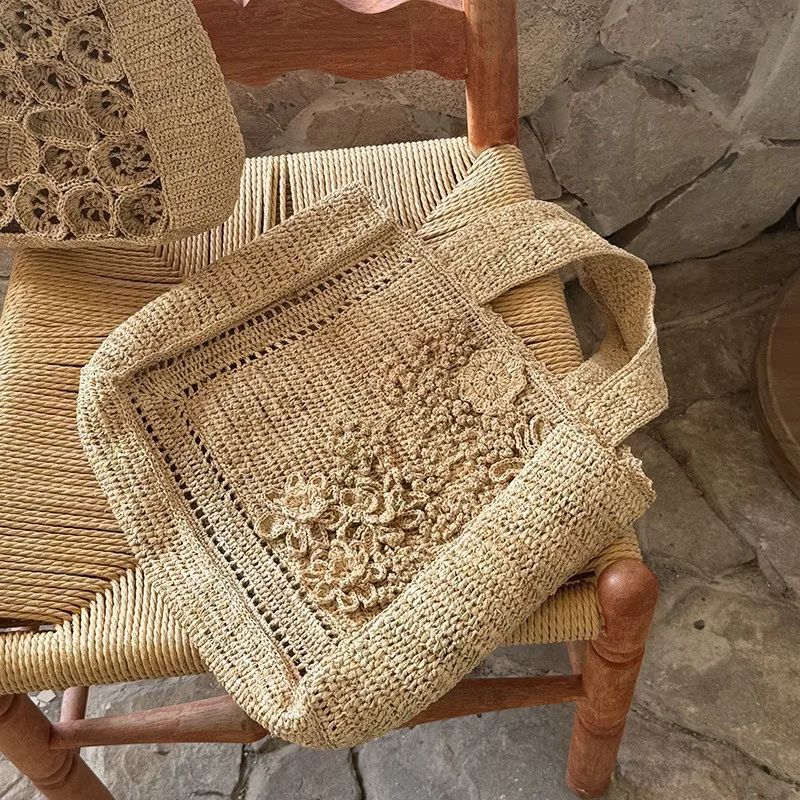 Summer Flower Woven Tote Bag Bohemian Travel Straw Bags for Women Handbags Designer Shoulder Bags Bali Beach Bag Shopper Purses