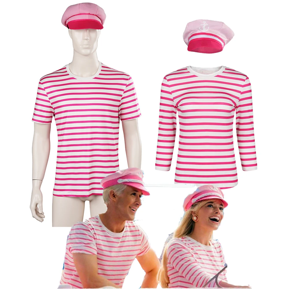 

Margot Cosplay Fantasy Cute Pink Striped T Shirt Hat 2023 Movie Barbei Ken Disguise Costume Adult Women Men Halloween Roleplay