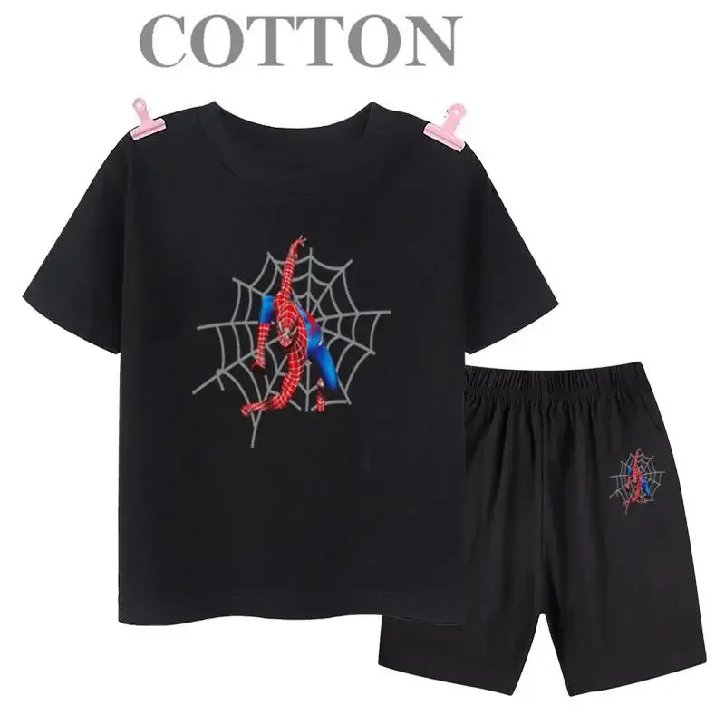 thumbnail image 1 of Conjunto de camiseta y pantalones cortos de algodón para niños de Marvel Spider Man de verano, ropa de dibujos animados para niños, conjunto de dos piezas de manga corta, conjunto para niñas y niños, 1 of 5