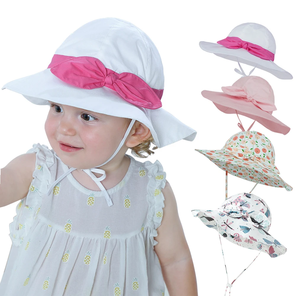 

Summer Baby Girl Hat Bows Big Brim Baby Cap Travel Beach Sun Protection Kids Bucket Hats for Girls Caps Accessories 1-6Y