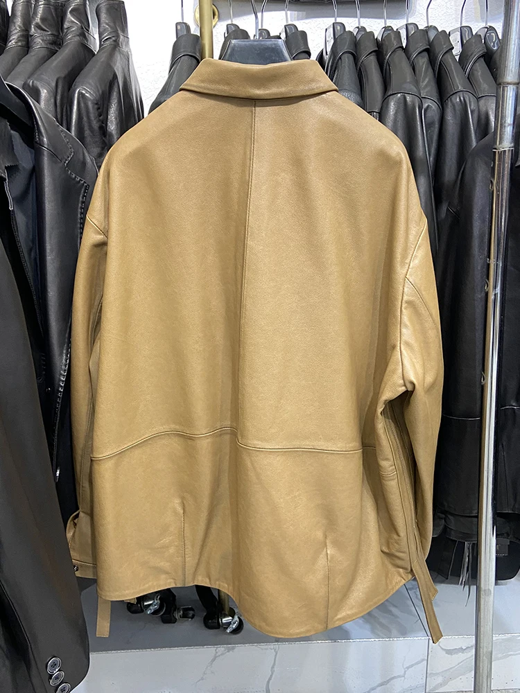 Women Genuine Sheepskin Leather Spring Autumn Fashion Classic Khaki Real Leather Jacket Oversize Loose Real Leather Coat