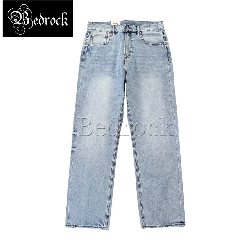 MBBCAR Summer New 12 oz Ice Light Blue Mens Jeans Stone Wash Selvedge Denim Jean Pants Vintage Slim Straight Leg Pants 7505
