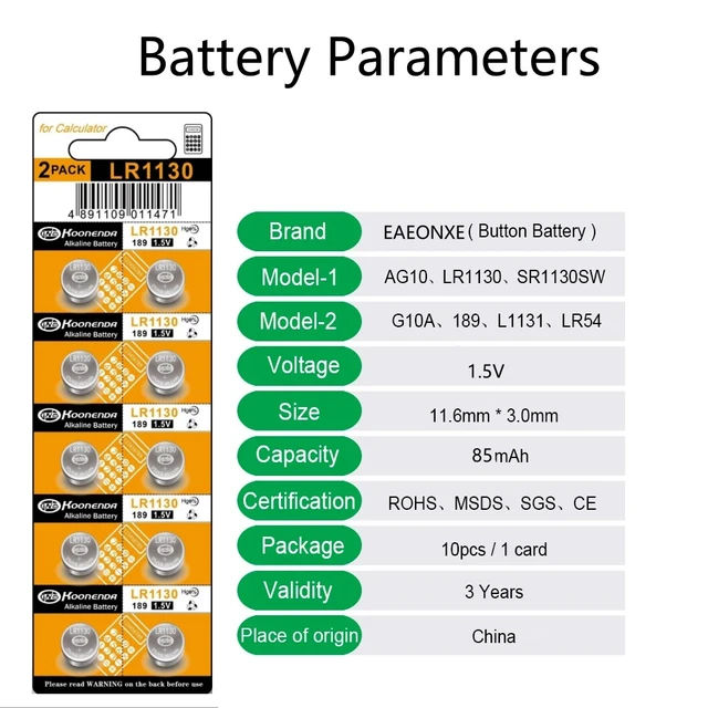 LR1130 AG10 85mAh SR1130 189 Button Pilas Batteries 389 LR54 L1131 389A  1.5V Alkaline Coin Cell For Clock Watch Battery - AliExpress