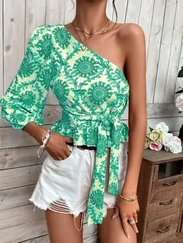 New printed single shoulder lantern sleeves with ruffled hem and drawstring shirt top for women 1