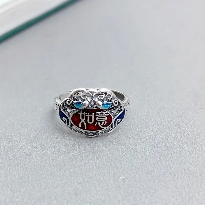 

NY эмалевое цветное красное кольцо с замком Ruyi ручной работы с вырезами шелковое ремесло Ретро этническое Стильное кольцо