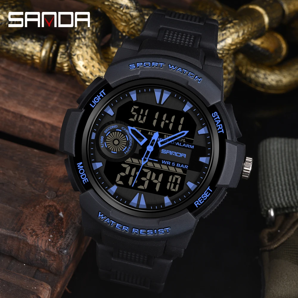 

SANDA 2024 Men's Large Digital Sports Watch, Waterproof, Men's Quartz, Dual Display Screen, Luminous, 5bar, 6002, New Design