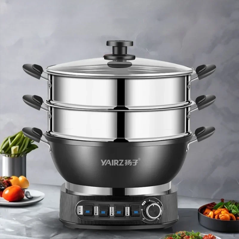 Cast Iron Uncoated Electric Wok Non-stick Pot Steamer 32/34/36/38cm Electric Steamer Cooker Multifunctional Hotpot Multicooker
