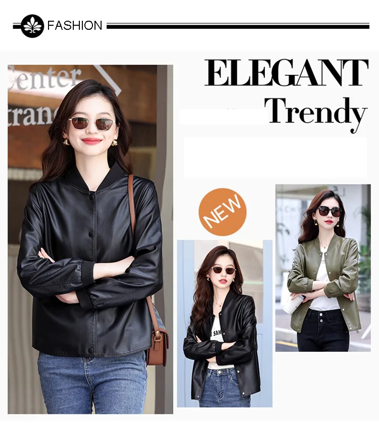 New Women Casual Leather Jacket Spring Autumn Fashion Patchwork V-Neck Single Breasted Loose Short Outerwear Split Leather