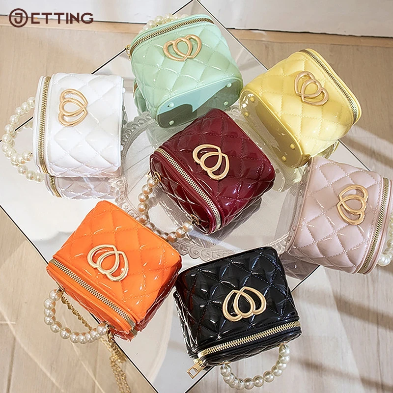 

Korean Style Fashion Small Bucket Bag Ladies Handbag Girls' Mini Bag PVC Bag Pearl Chain Jelly Bag Simple Rhombus Shoulder Bag