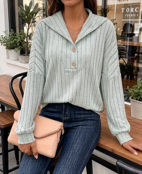 Plus Size Women's Striped Hooded Knit Sweater Loose Long Sleeve V - Neck Button Casual Pullover for Autumn Winter Streetwear 1