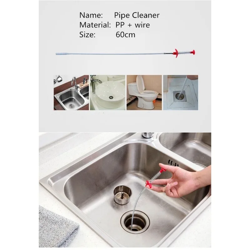 Pipe cleaner 60cm spring pipe unclogging tool drain anti-clogging with grapple wire reusable