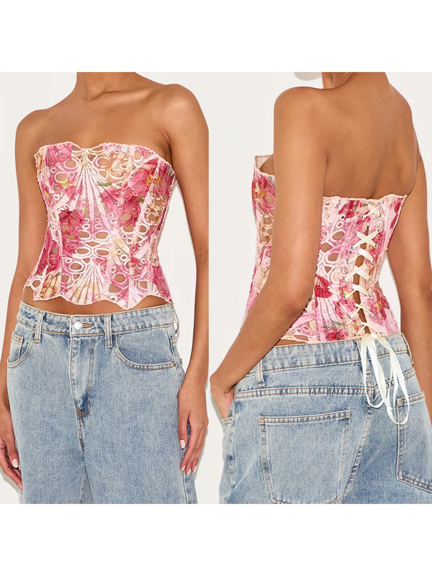 Elegant Lace-Up Floral Print Bandeau Top with Cutout Back and Corset Detailing Perfect for Chic Street Style