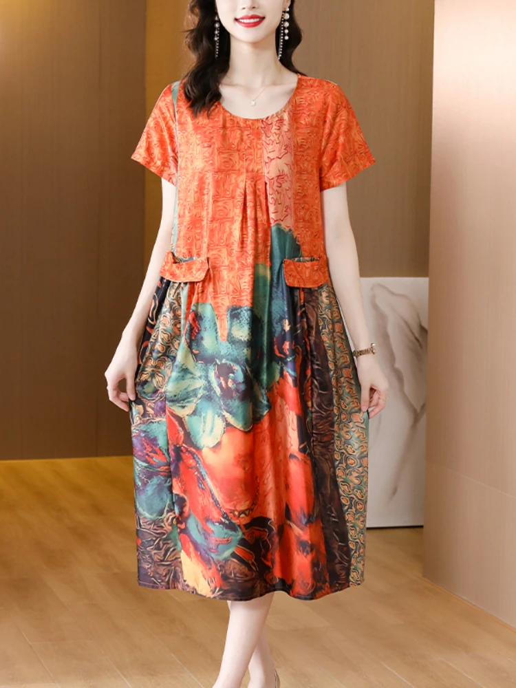 

Women High Quality 2023 Korean Fashion Light Casual Dress Summer Elegant Party Dress Floral Silk Short Sleeve Midi Dress