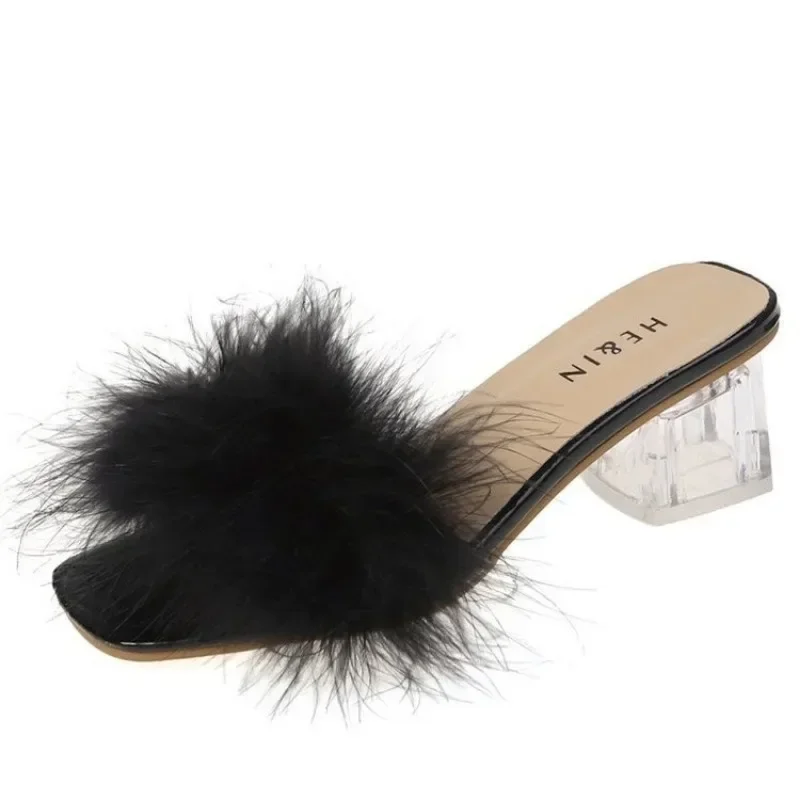 Mules Sandal Women Summer Outdoor Fashion Slippers Square Toe High Heels Office Ladies Feather Slides Chic Classics Furry Shoes 5