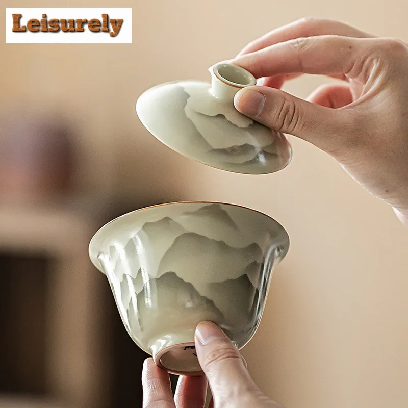 150ML Handmade Ru Kiln Porcelain Gaiwan Mountain Flower Sancai Ceramic Tea Tureen Tea Maker Cover Bowl Tea Items Supplies Gifts
