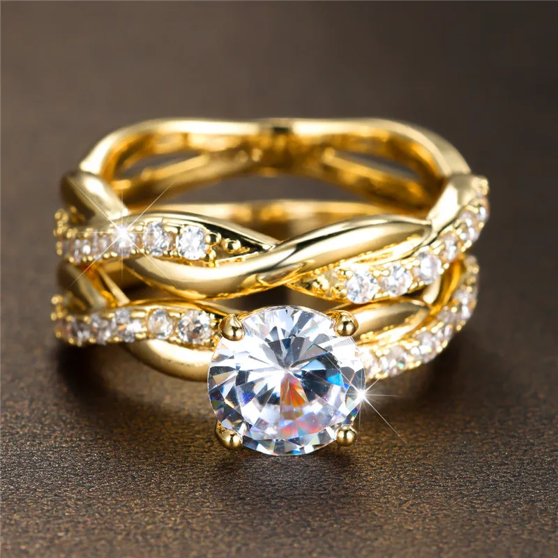 Female Crystal White Round Zircon Stone Engagement Ring Set Luxury Rose Gold Color Wedding Jewelry For Women