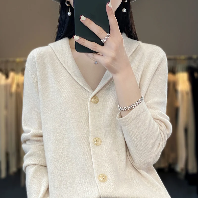 

Soft and skin-friendly lapel 100% pure wool cardigan Women's solid color loose knit sweater Coat versatile Cashmere sweater new