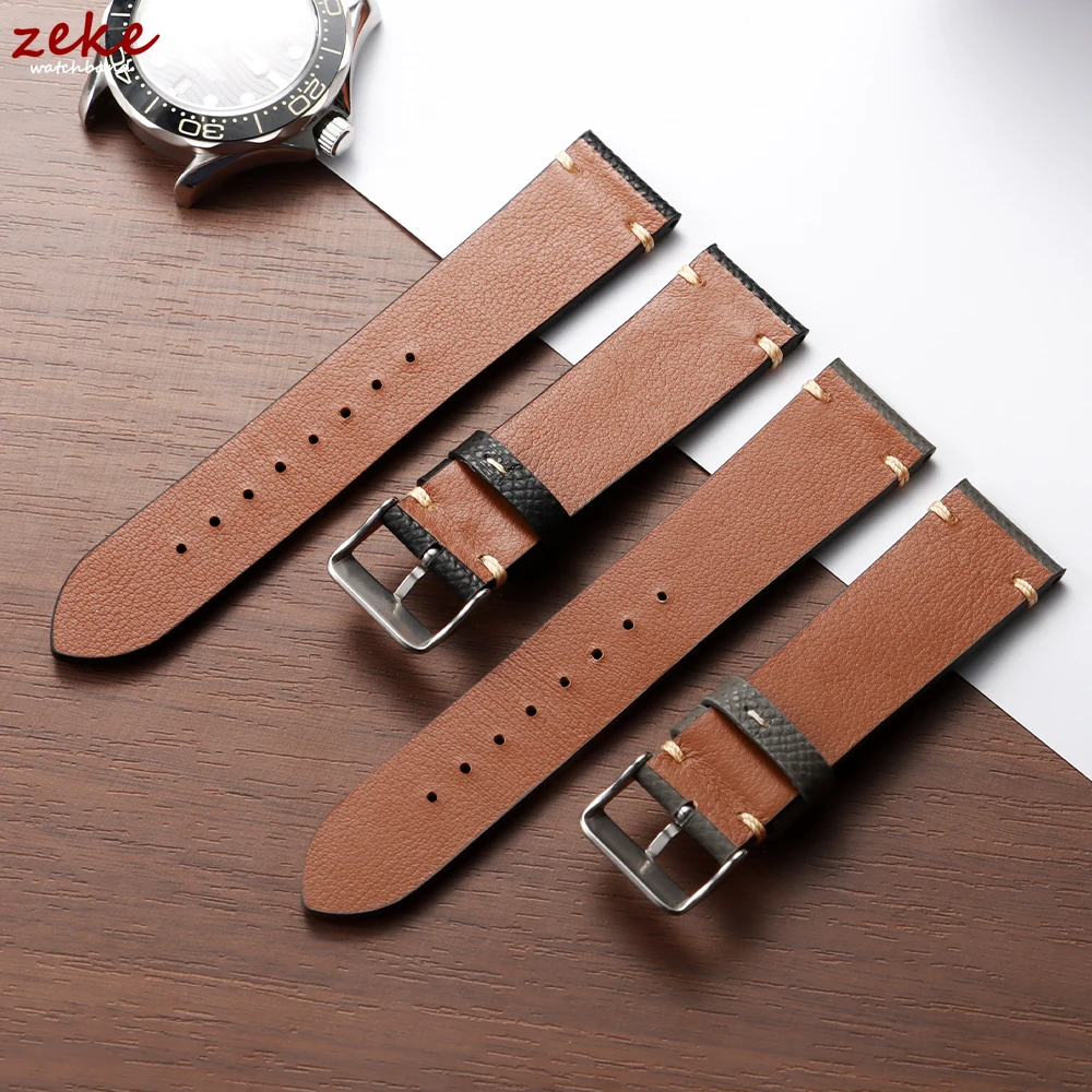 Premium Handmade Genuine Leather Strap - Soft Palm Grain Cowhide Watch Band in Black, Grey, and Brown (18/19/20/22mm)