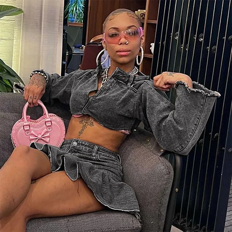 

Tassel Jeans Two Piece Set Autumn Winter Women Buttons Full Sleeve Crop Tops High Waist Slim Ruffles Mini Skirt Denim Streetwear