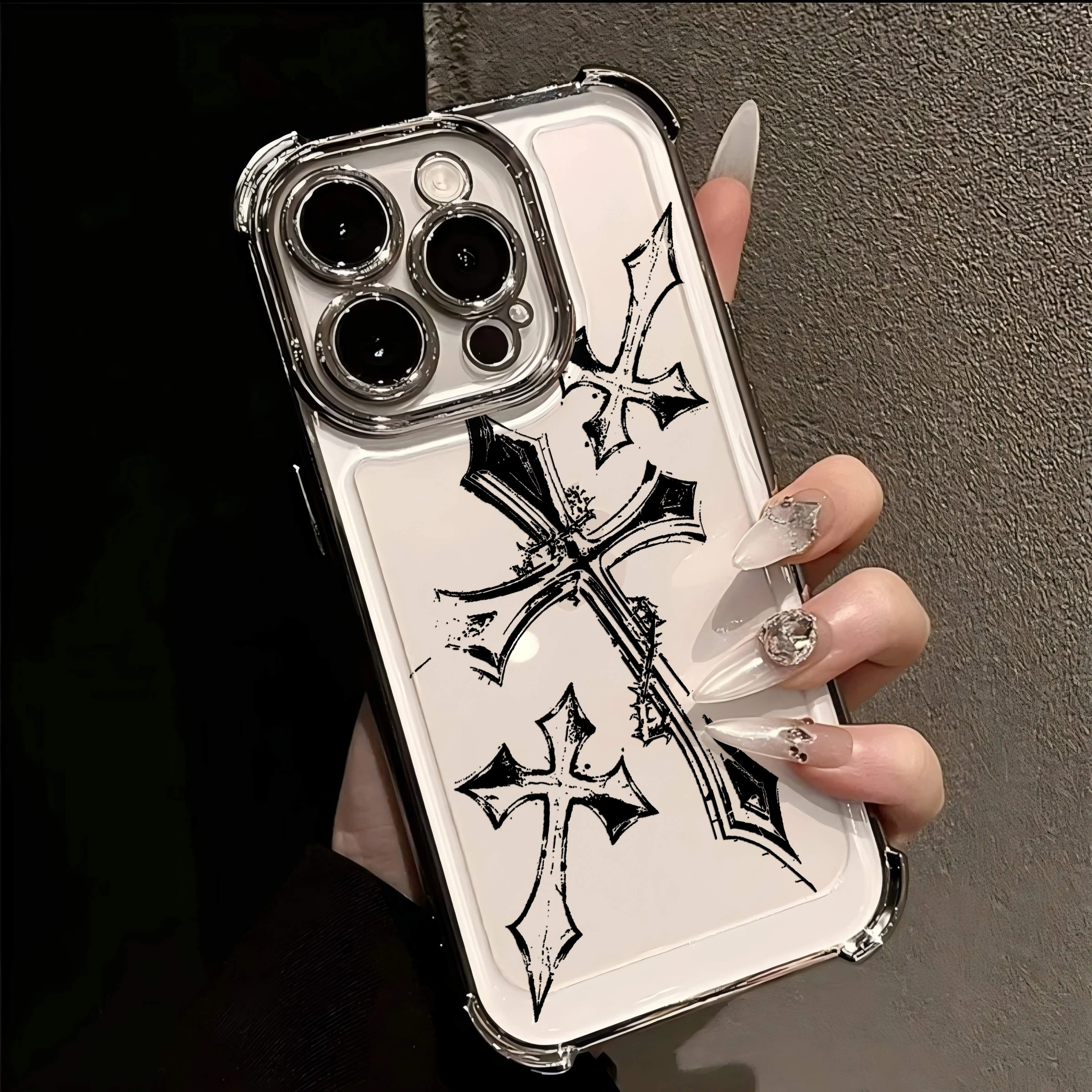 Cool Dark Gothic Cross Mark Line Plating Phone Case For IPhone 17 16e 16 15 14 13 12 11 Pro Max X XR XSMax 7 8 Mini Air Plus