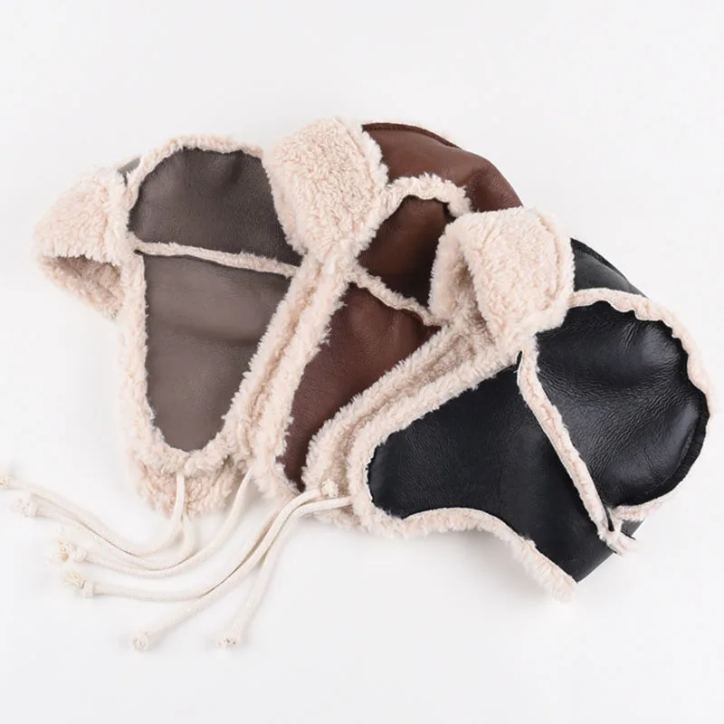 

Faux Leather 3 Colors Bomber Hats Men Women PU Black Grey Brown Outdoors Skiing Caps Russia Aviators Earflap Cap Winter 56-60cm