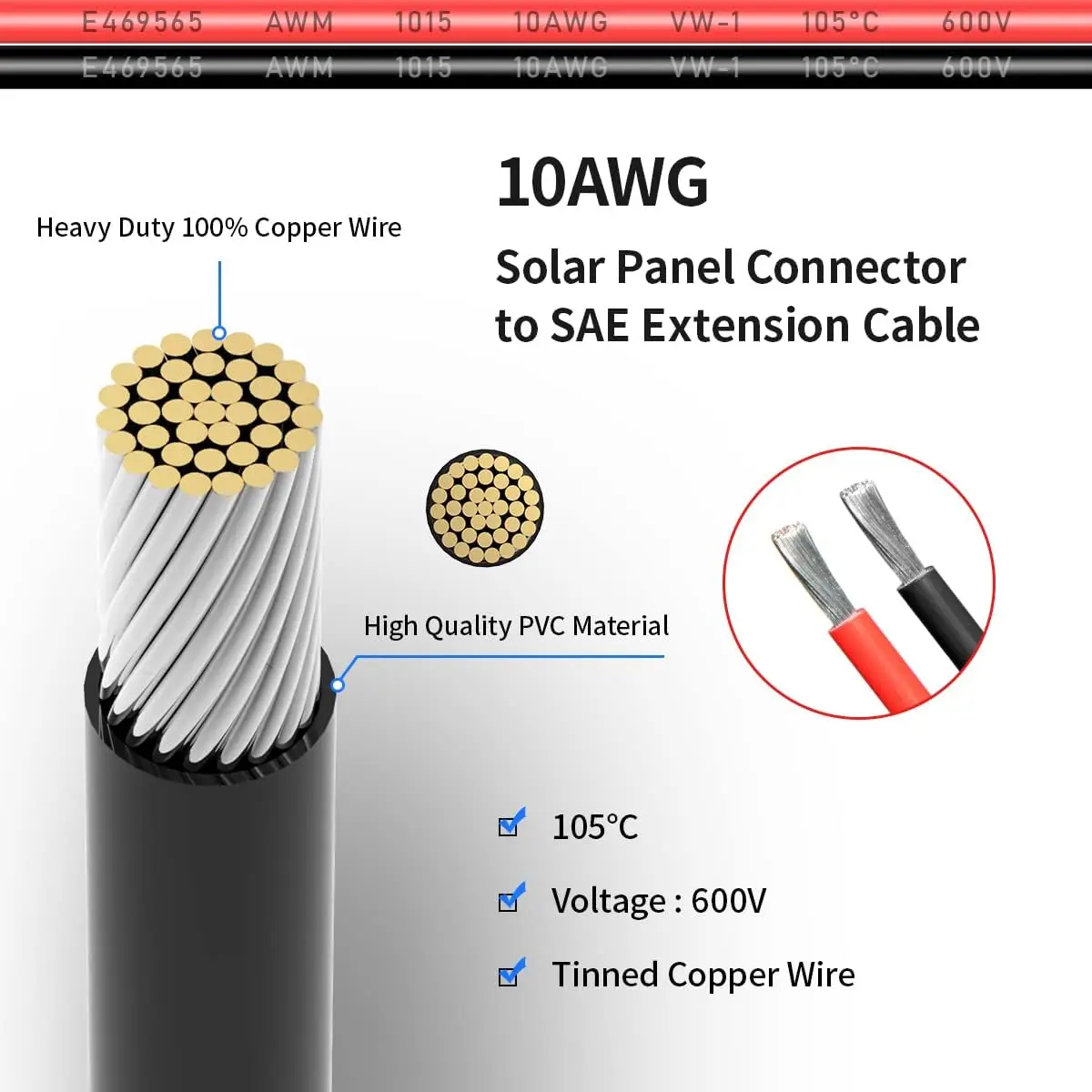 10AWG 2피트 태양광 커넥터 - SAE 어댑터 2, 3.3, 10, 20, 35, 50피트 SAE 태양광 패널 연장 케이블 (SAE 극성 반전 어댑터 포함)
