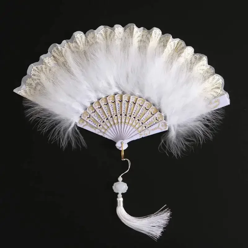 

Lolita Feather Folding Fan Japanese Sweet Fairy Girl Dark Gothic Court Dance Hand Fan with Pendant Gift Wedding Party Decoration