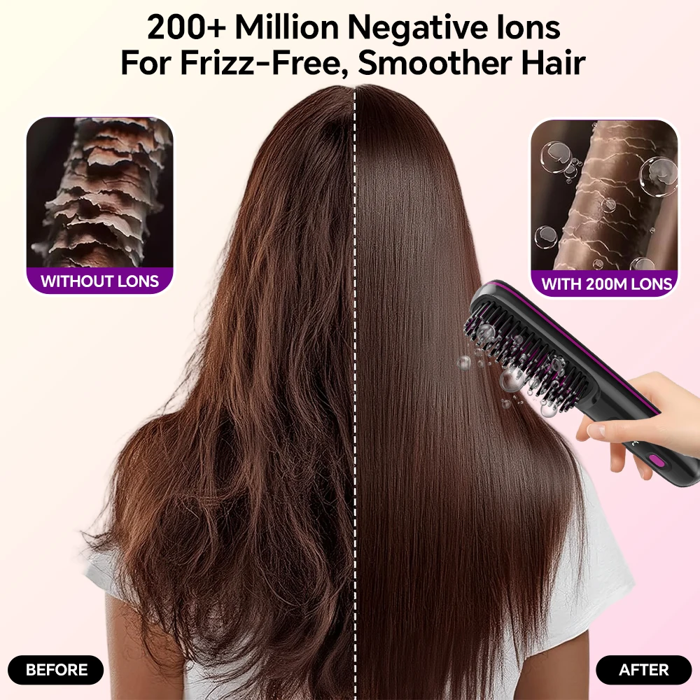 Rechargeable Hair Straightener Brush, Ionic Straightening Comb - 20s Fast Heating, 3 Temp Settings & LED Display for Home Salon