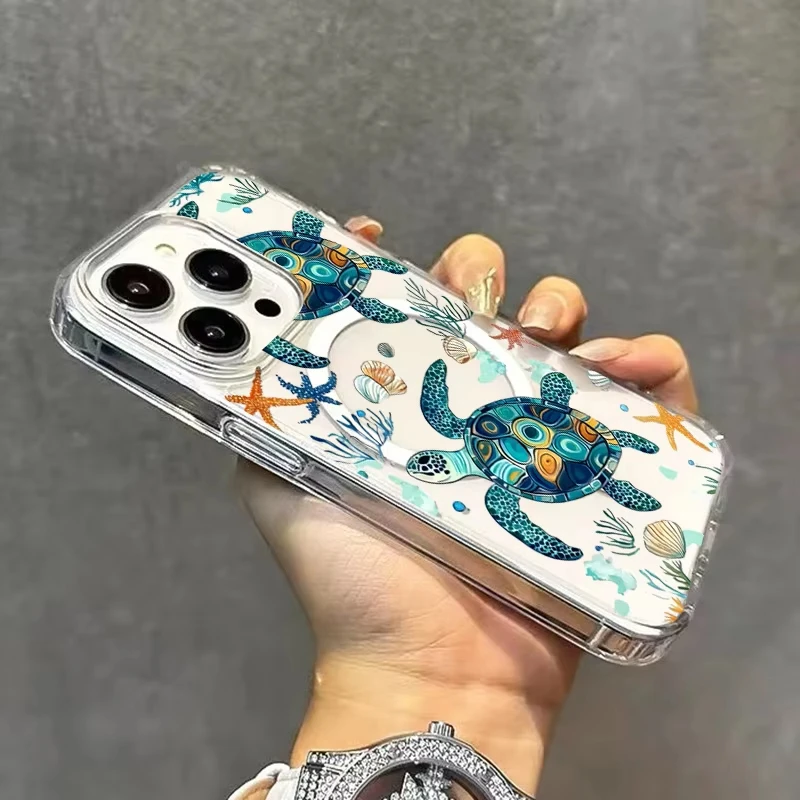 Sea Turtle & Sea Star Magnetic Clear Phone Case - Elegant Hard Cover