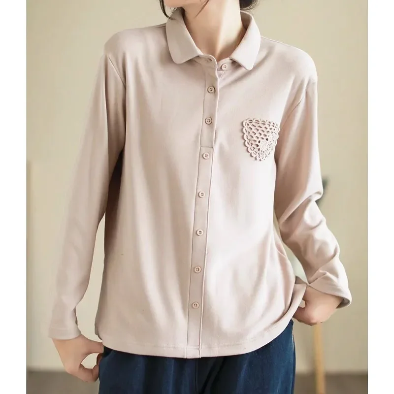 

Vintage Fashion Lace Patchwork Polo-Neck Pullovers Shirt Casual All-match Solid Color Long Sleeve Blouse Women's Clothing E879