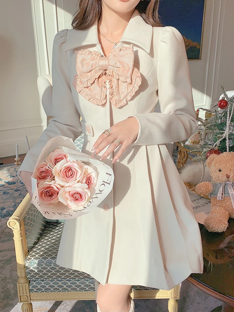 

Winter Wool Kawaii Retro Dress Women Korean Fashion Bow Patchwork Party Mini Dress Female Casual Vintage One Piece Dress 2022