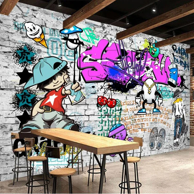 Papel de Parede com Mural Personalizado em 3d Arte das Ruas Estilo Moderno Parede de Tijolos Sala de Estar Quarto Restaurante