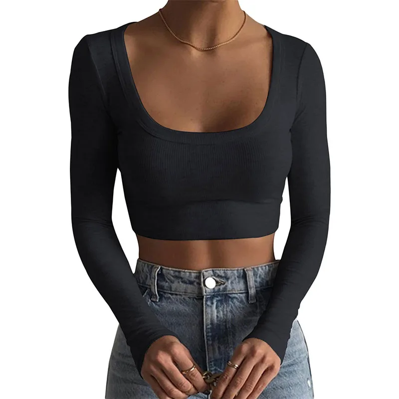 

Women Short Shirt Long Sleeve Deep Round Neck Solid Color Knit Women's Crop Tops Street Casual Party Street Summer Tops Y2k